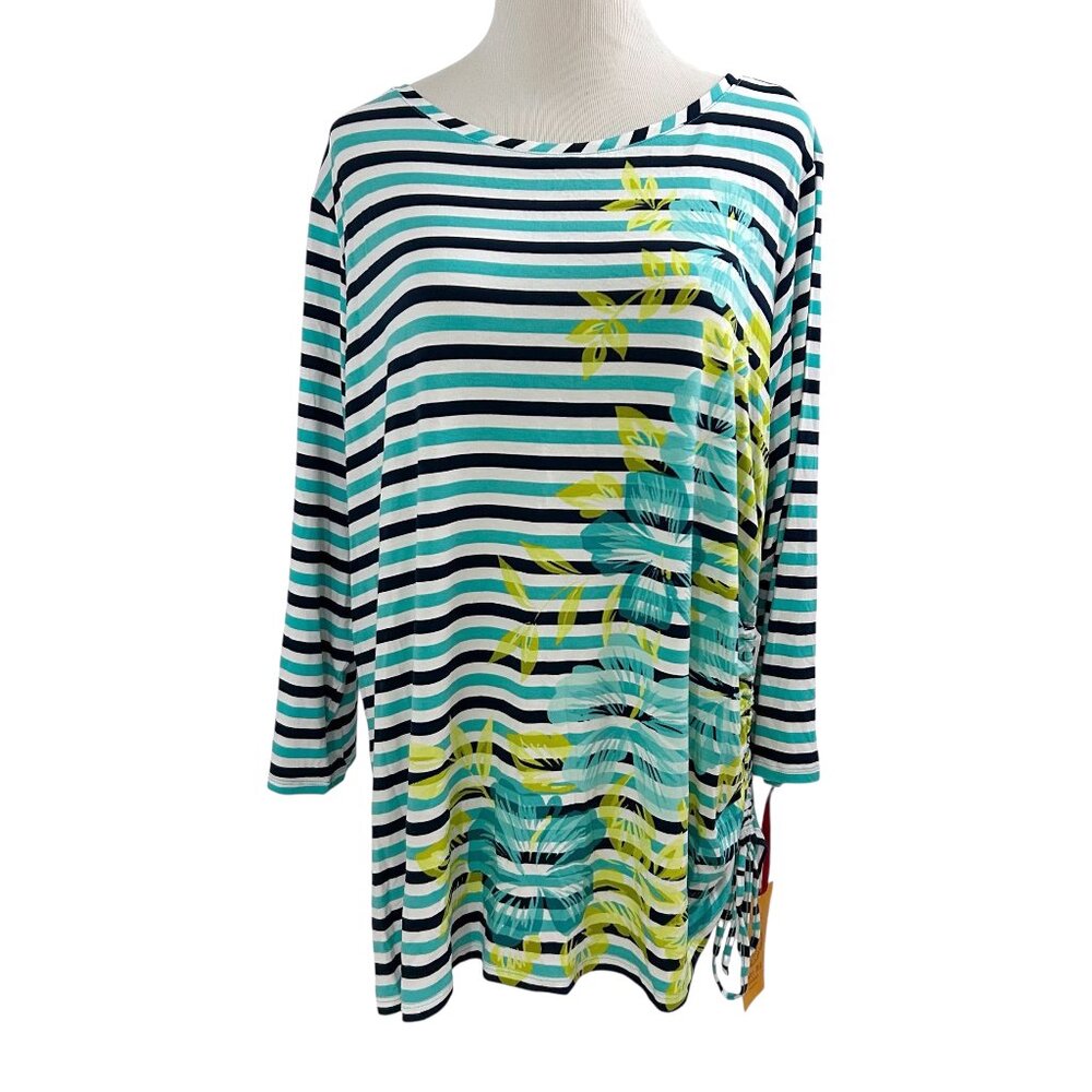 Ruby Rd. Women's Size 2x Striped Floral Pullover Top 3/4 Sleeves Tie Side NWT